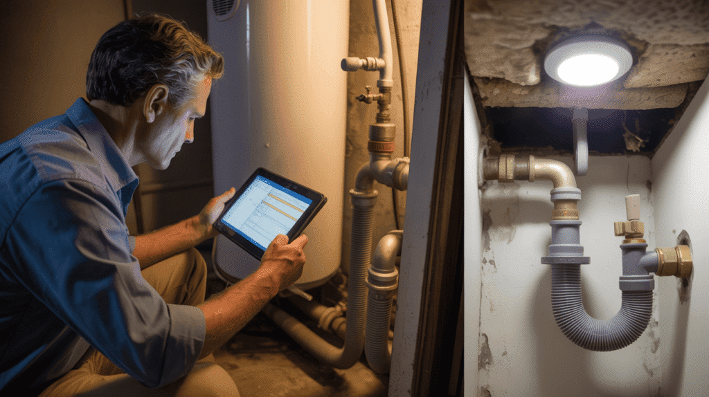 Inspector documenting signs of plumbing problems including polybutylene piping, wrong drain traps, staining, and corrosion.