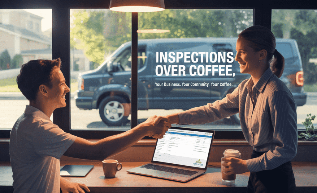 Professional franchise owner shaking hands with a new Inspections Over Coffee home inspector outside a branded vehicle, representing an affordable home inspection franchise under $10K.