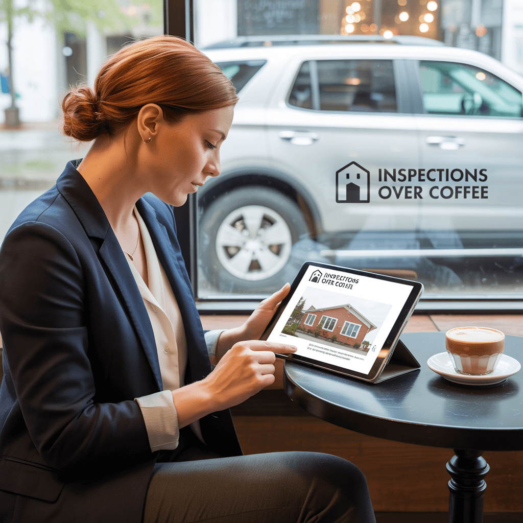 Part-time Inspections Over Coffee franchise owner reviewing an inspection report at a coffee shop with a branded vehicle outside.