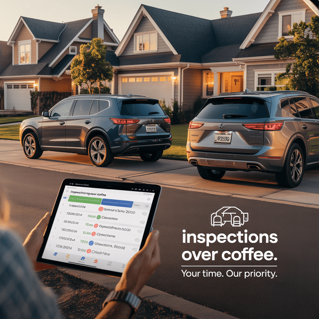 Two Inspections Over Coffee vehicles servicing different homes, symbolizing a multi‑unit investor scaling across territories.
