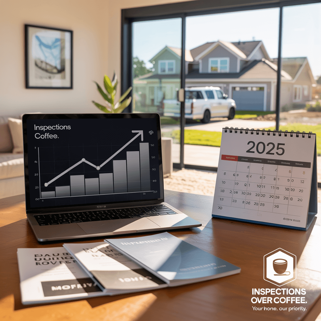 Growth-themed scene with Inspections Over Coffee branding and a 2025 calendar, symbolizing a fast-growing home inspection franchise.