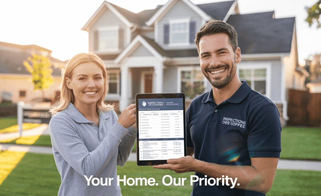 Inspections Over Coffee franchise owner with branded uniform and tablet, standing in front of a home, representing the most affordable home inspection franchise in the U.S.