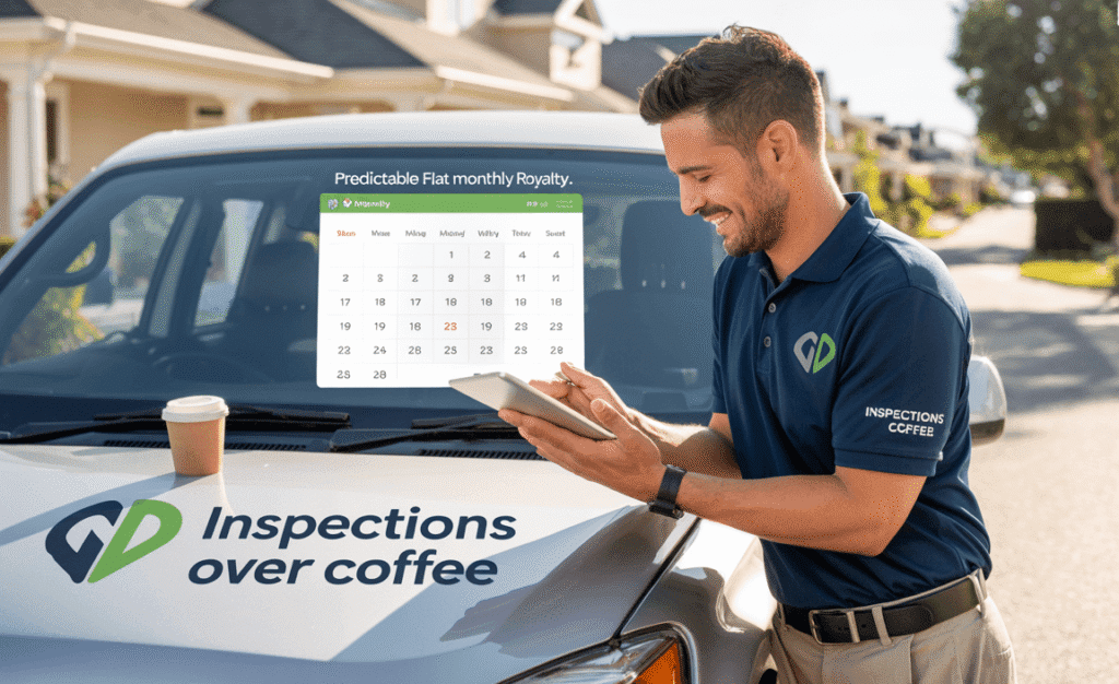 Inspections Over Coffee franchise owner next to a branded vehicle, illustrating the simplicity of a flat monthly royalty payment structure.