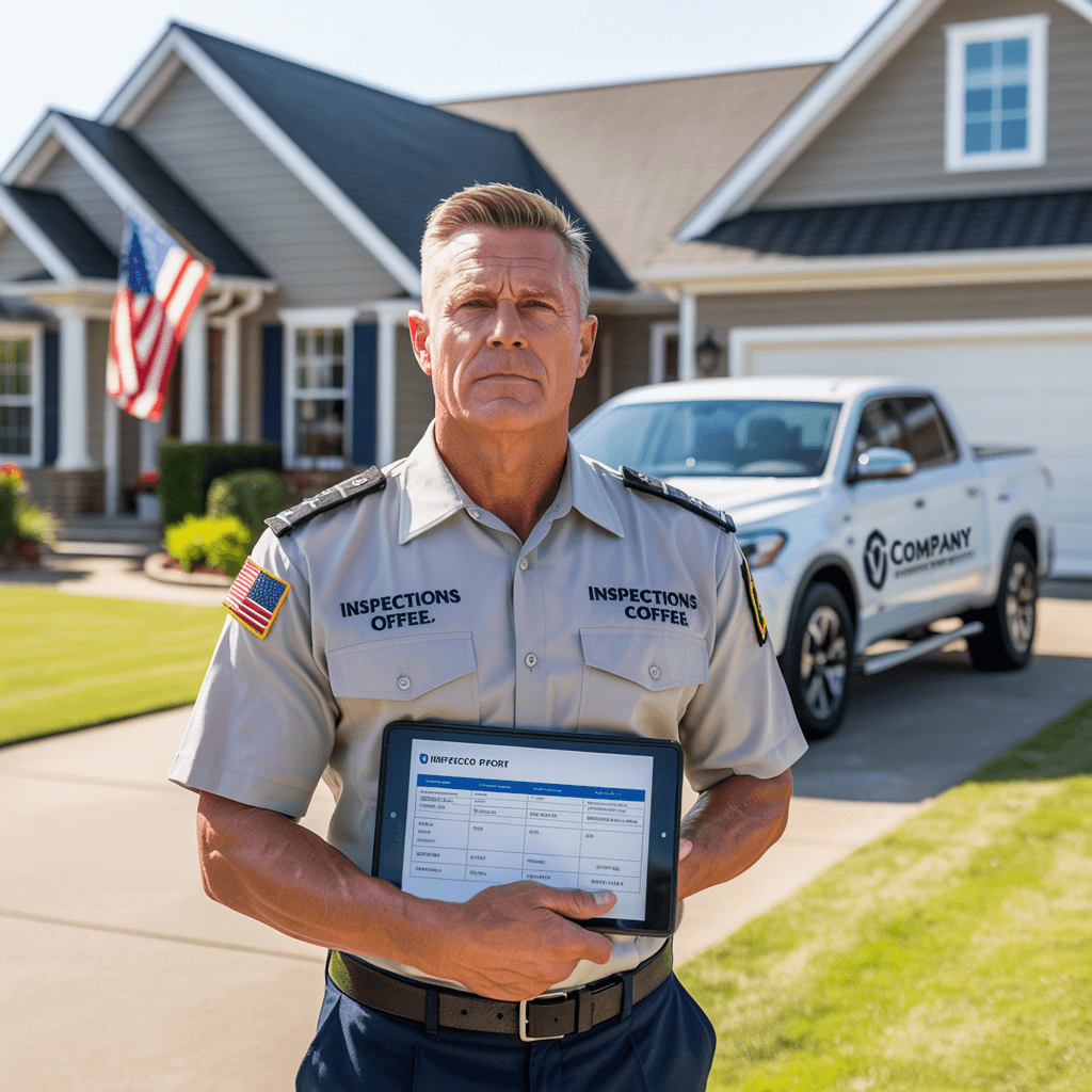 Veteran franchise owner with Inspections Over Coffee standing in front of a home with an American flag, representing the best home inspection franchise for veterans.