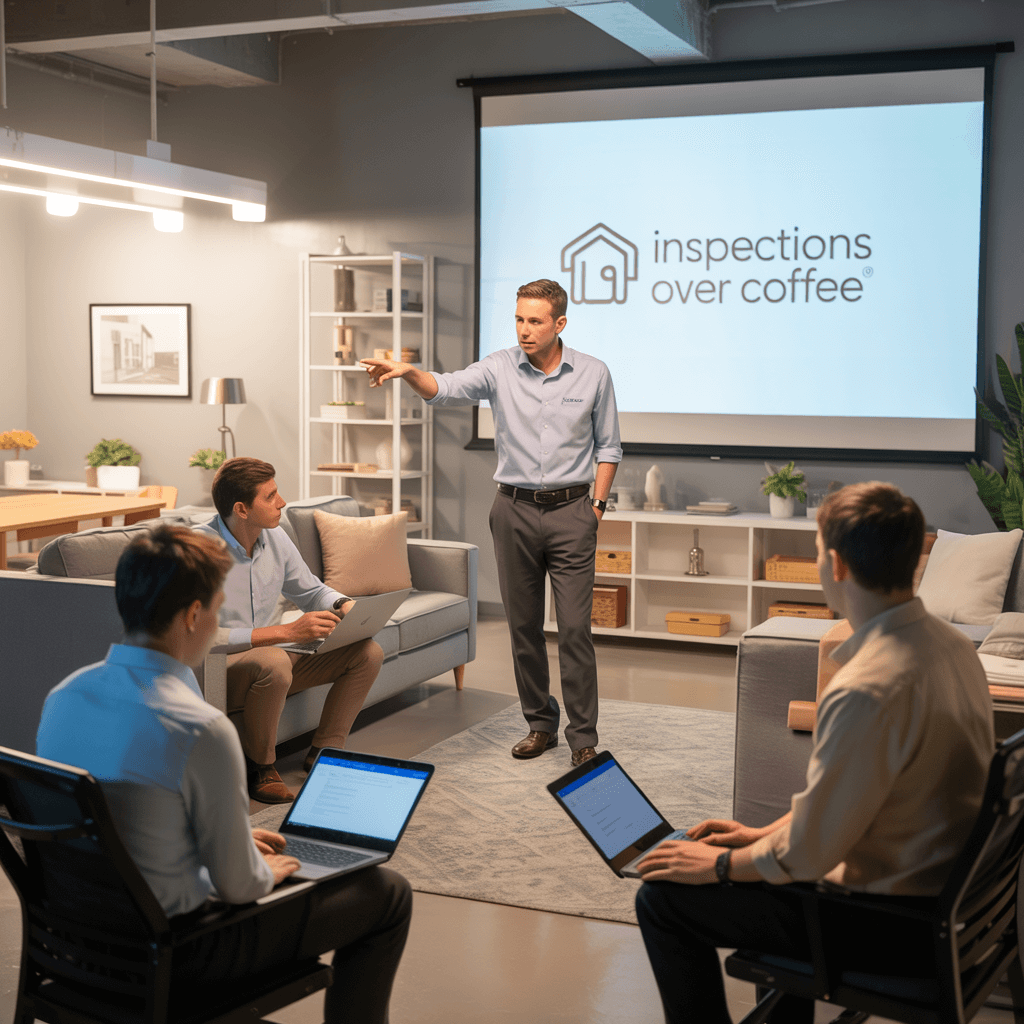 Inspections Over Coffee trainer teaching new franchise owners in a hands-on home inspection training session.
