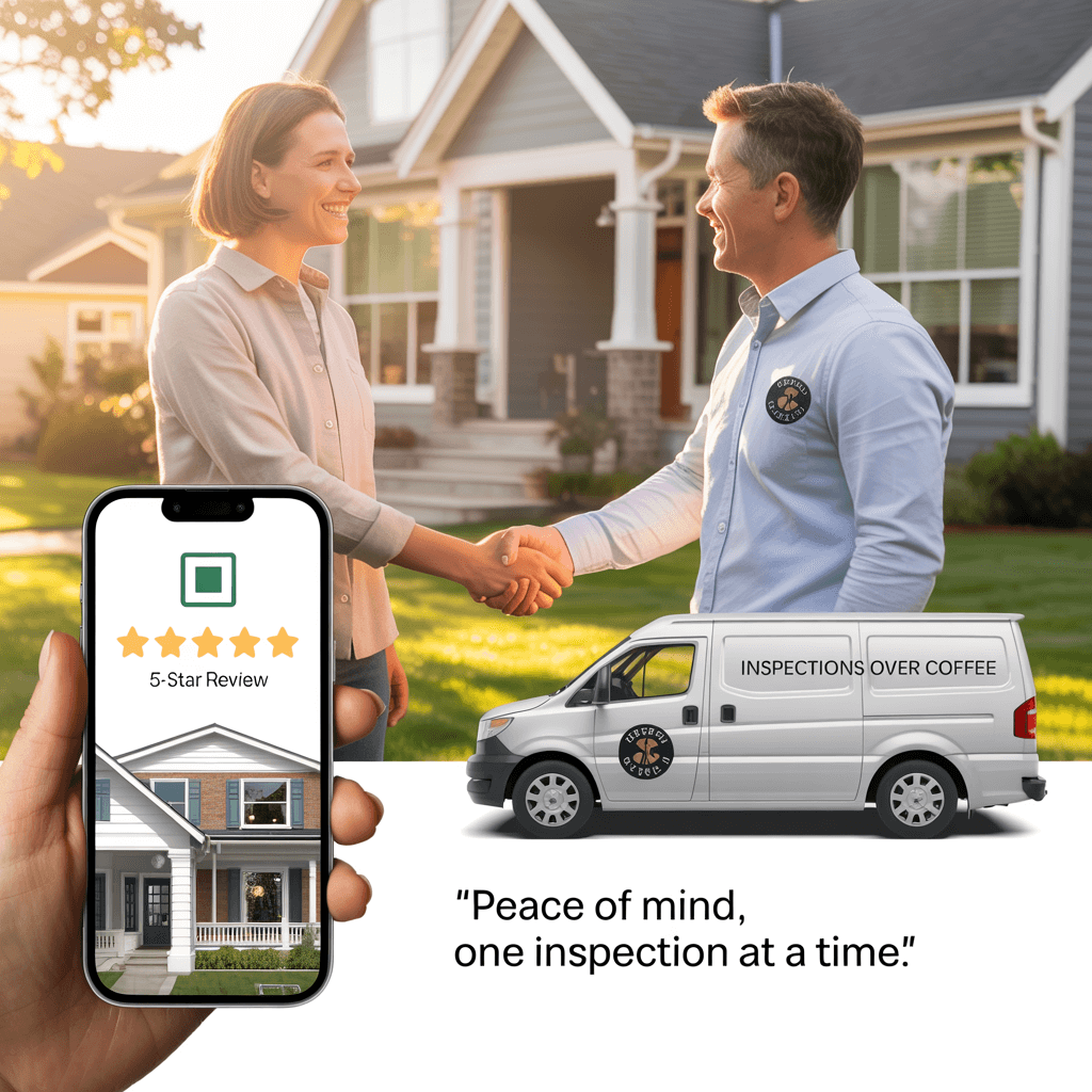 Smartphone with 5‑star ratings next to an Inspections Over Coffee vehicle, highlighting strong franchise reviews.