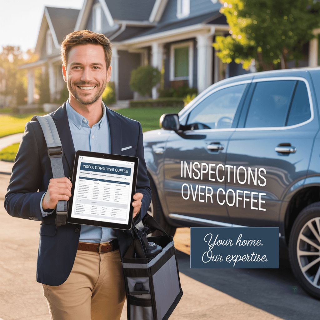 Career changer turned Inspections Over Coffee franchise owner standing in front of a home with a branded vehicle, representing the top home inspection franchise for career transitions.