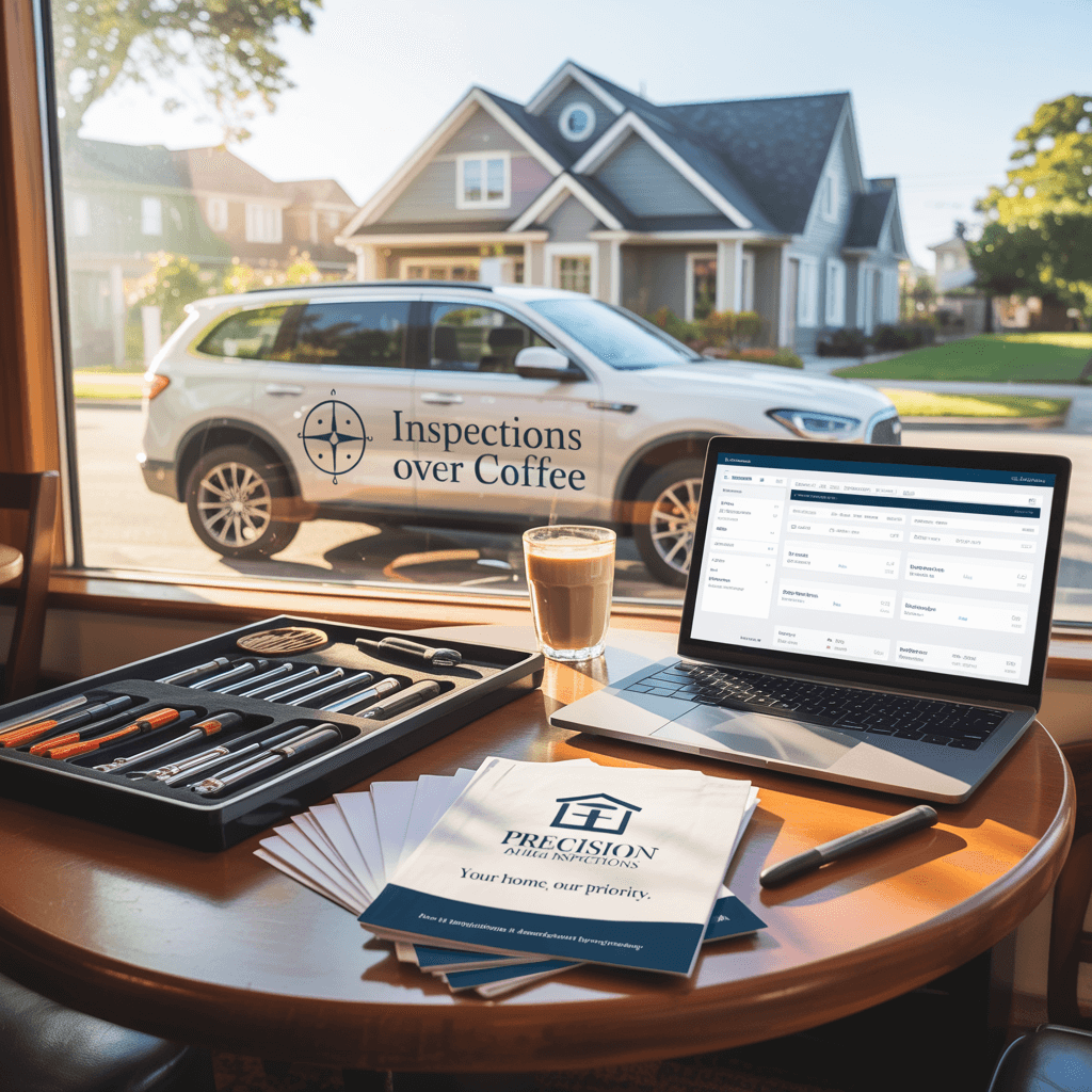 Affordable home inspection franchise setup for Inspections Over Coffee, showing tools, marketing materials, and a branded vehicle.