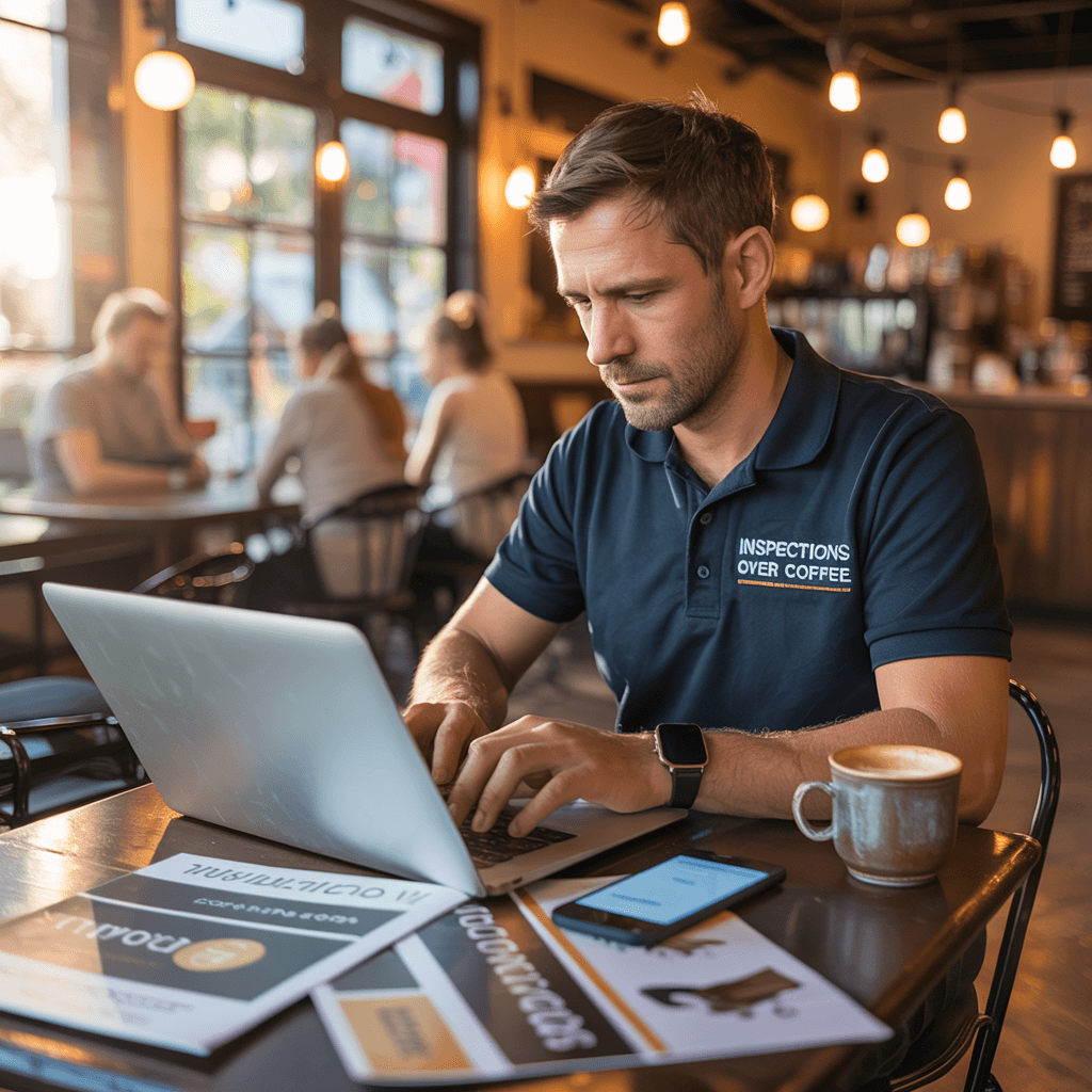 Inspections Over Coffee franchise owner using branded marketing materials and digital tools, representing a home inspection franchise with strong marketing support.