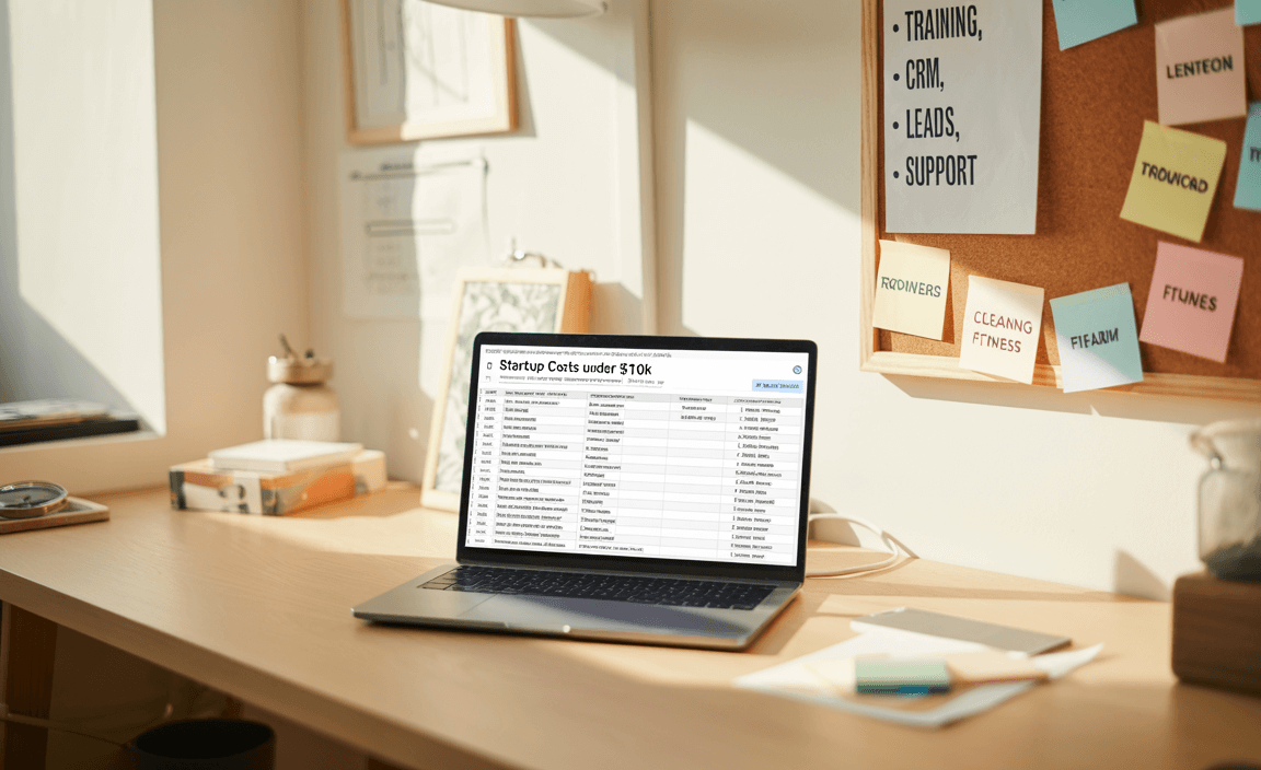 Home office desk with a cost checklist for franchises under $10K and a laptop open to a startup budget.