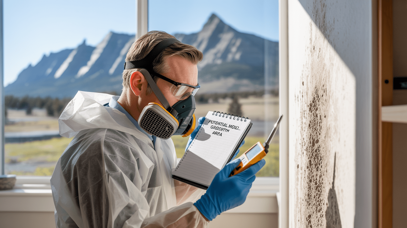 Environmental inspection in Boulder, CO with inspector testing for mold and asbestos inside a home