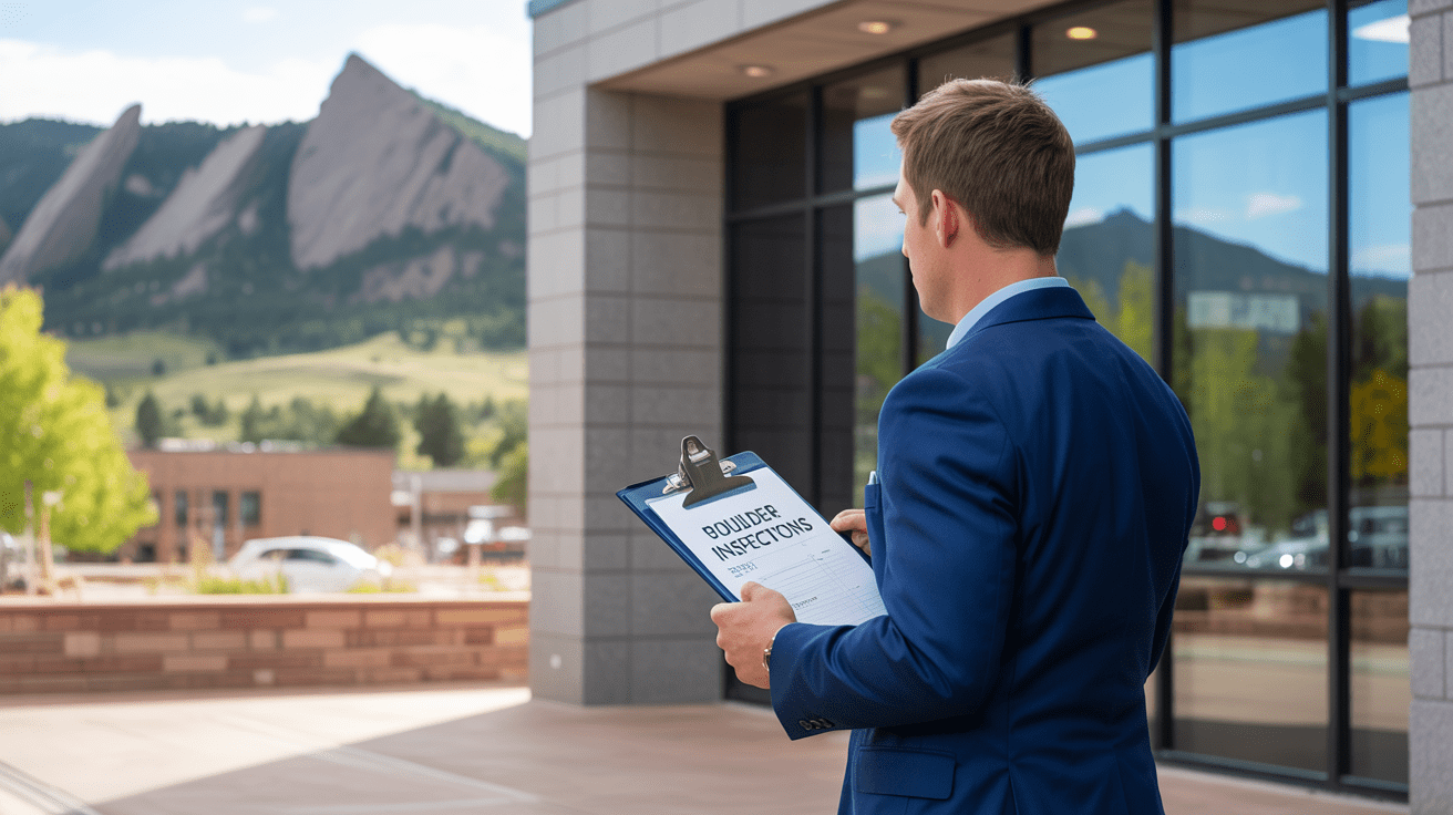 Commercial property inspection in Boulder, Colorado with the Flatirons in the background.