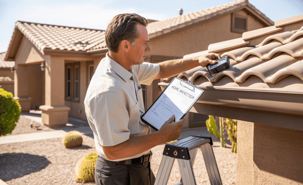 Home inspector in Chandler, AZ checking a stucco house with tile roof and desert landscaping during a professional home inspection.