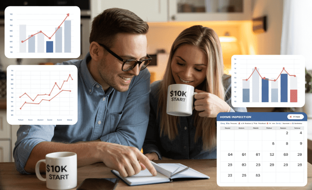 Startup founder tracking profit timeline on a $10K investment with coffee and client scheduling.