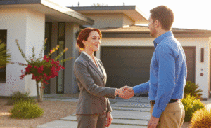 Realtor and home inspector shaking hands outside a Chandler, AZ home after a successful inspection.