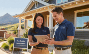 Boulder realtor partnering with a home inspector while reviewing a digital report with the Flatirons in the background.