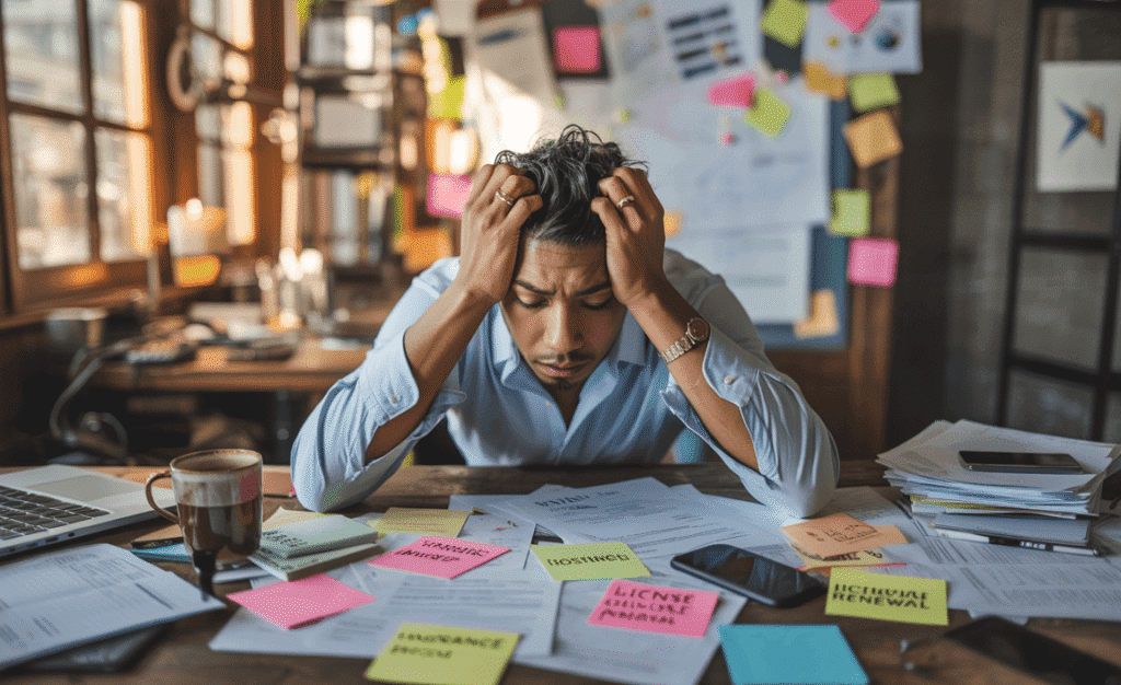 Startup founder stressed over recurring business costs like hosting, insurance, and licensing.