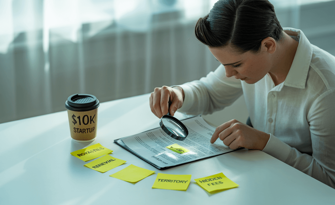 Entrepreneur reviewing a $10K franchise agreement with focus on fees and fine print.