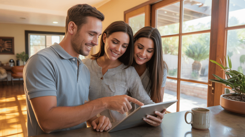 First-time homebuyers in Tempe reviewing their home inspection report with an inspector.