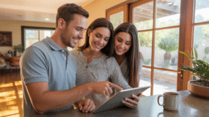 First-time homebuyers in Tempe reviewing their home inspection report with an inspector.
