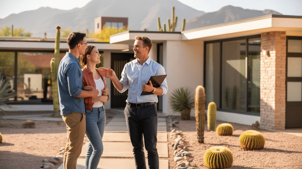 Home inspector with clients outside a Tempe home near ASU, clipboard and coffee in hand.