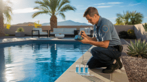 Pool inspector checking equipment and water levels at a residential pool in Tempe, Arizona.