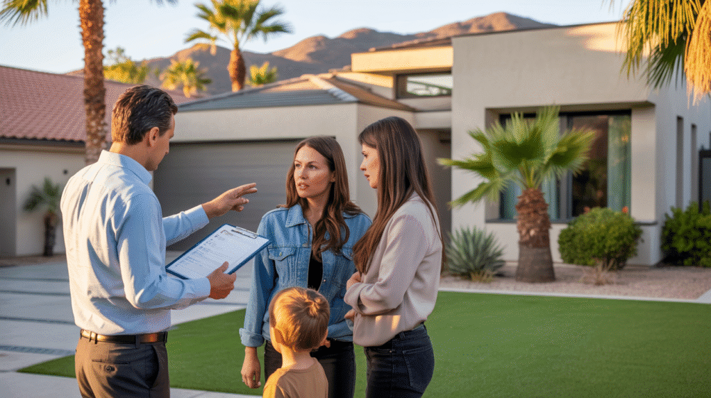 Gilbert home inspector showing a family their home inspection report outside a modern suburban home.