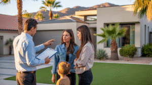 Gilbert home inspector showing a family their home inspection report outside a modern suburban home.