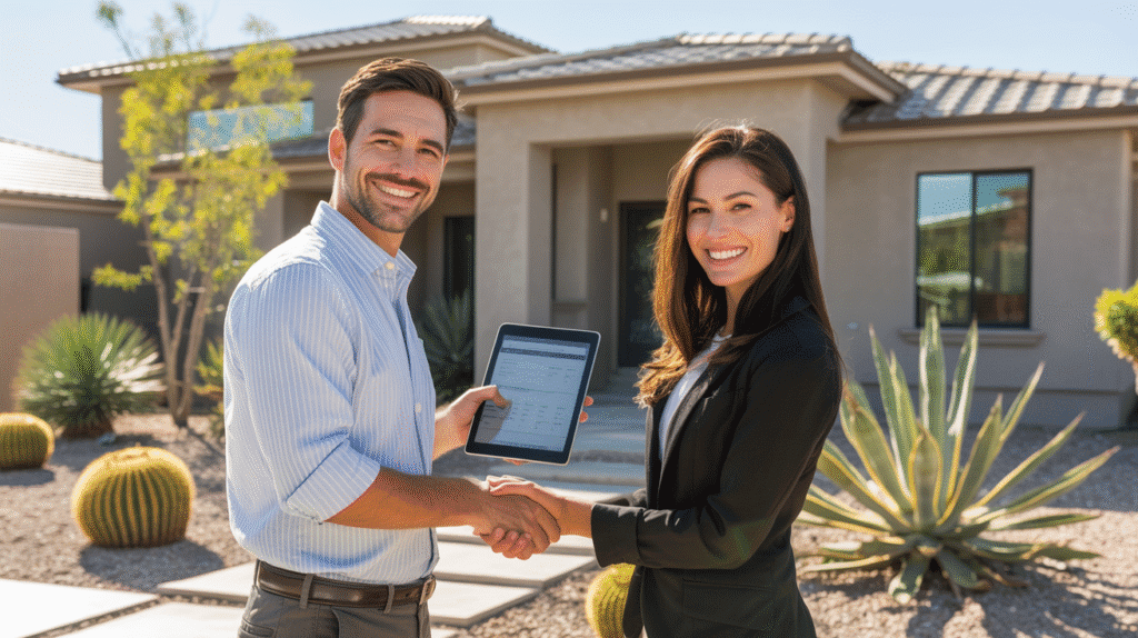 Mesa home inspector collaborating with a real estate agent outside a home after a successful inspection.