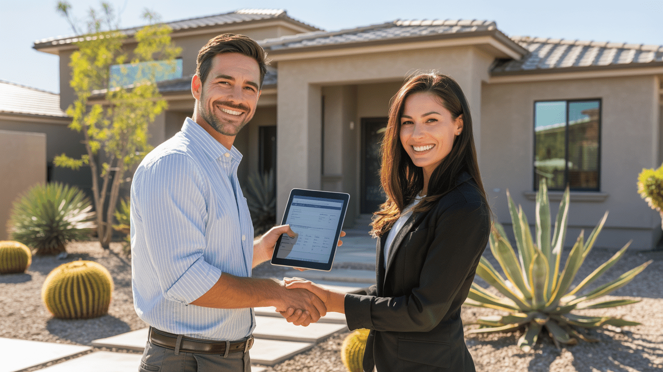 Mesa home inspector collaborating with a real estate agent outside a home after a successful inspection.