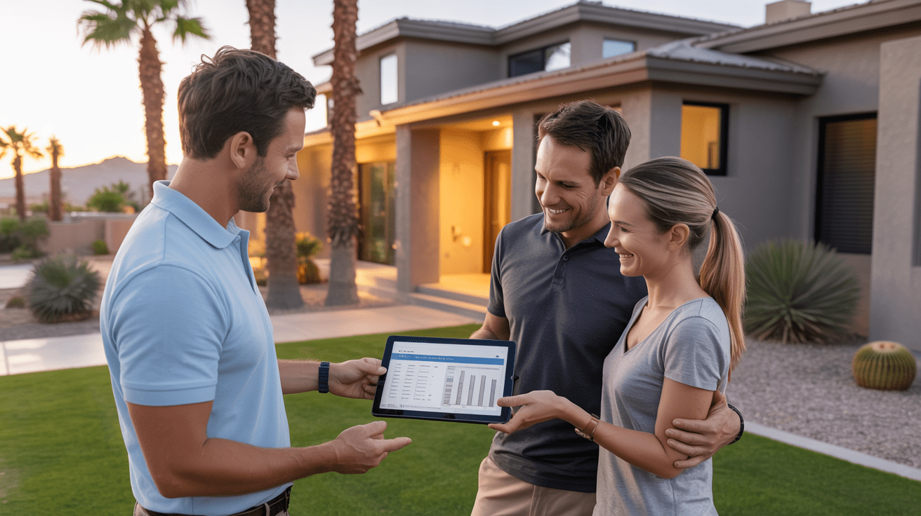 Mesa home inspector delivering same-day digital home inspection report to clients outside their new house.