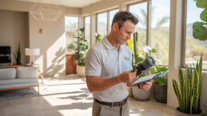 Mold and air quality inspector conducting a test inside a Tempe home using air sampling equipment.