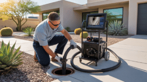 Home inspector in Gilbert using a sewer scope camera to inspect underground plumbing lines.