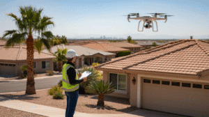 Roof inspector using a drone to assess a home in Chandler, Arizona.