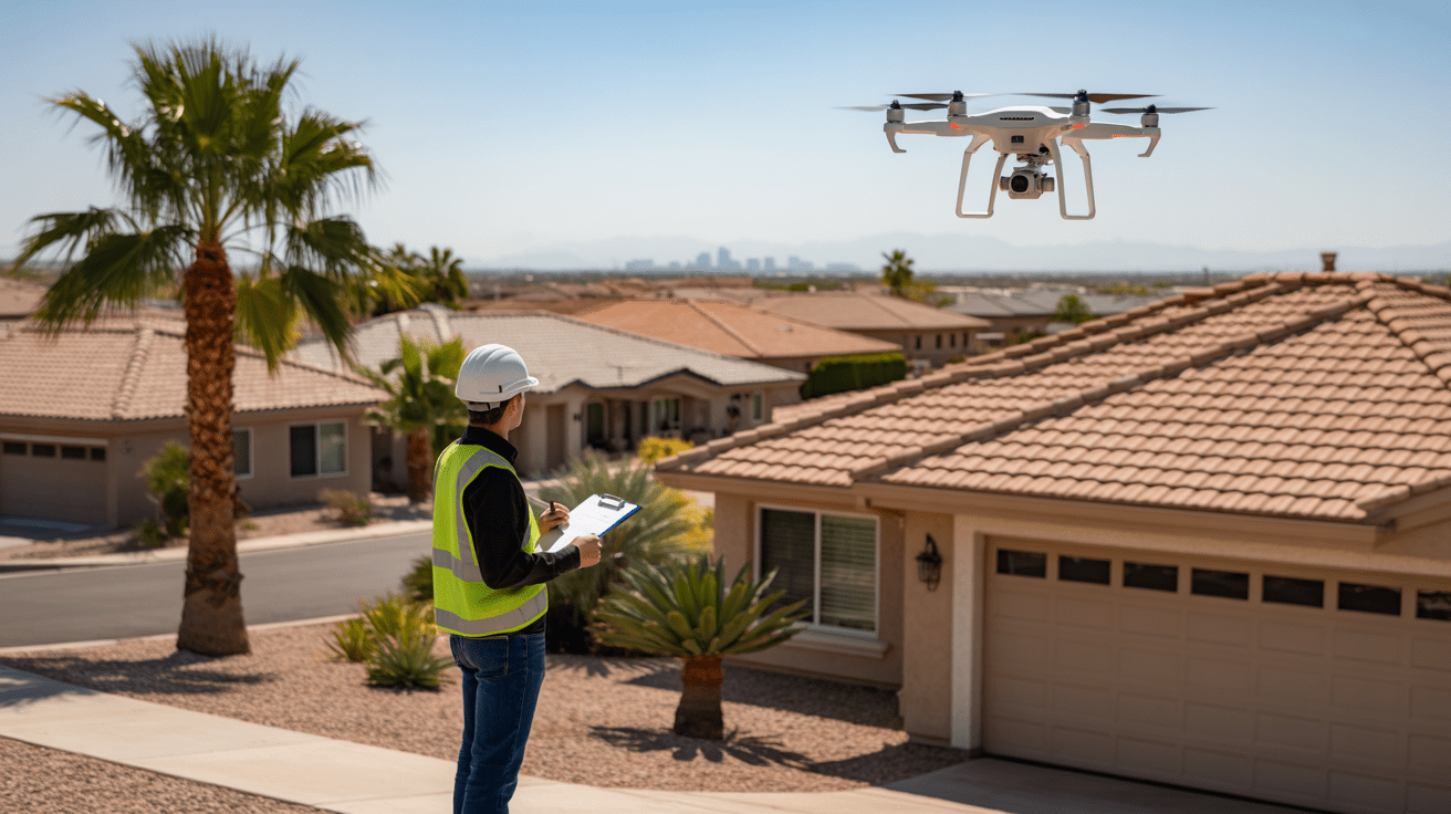 Roof inspector using a drone to assess a home in Chandler, Arizona.
