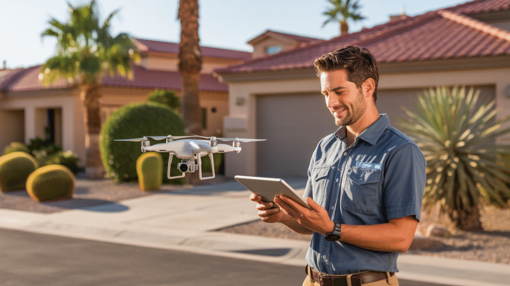 Mesa home inspector using drone and digital tools for a modern home inspection.