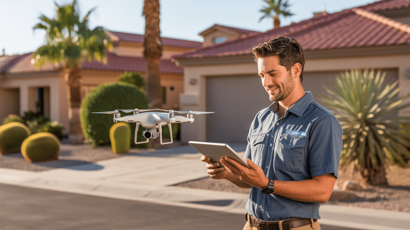 Mesa home inspector using drone and digital tools for a modern home inspection.