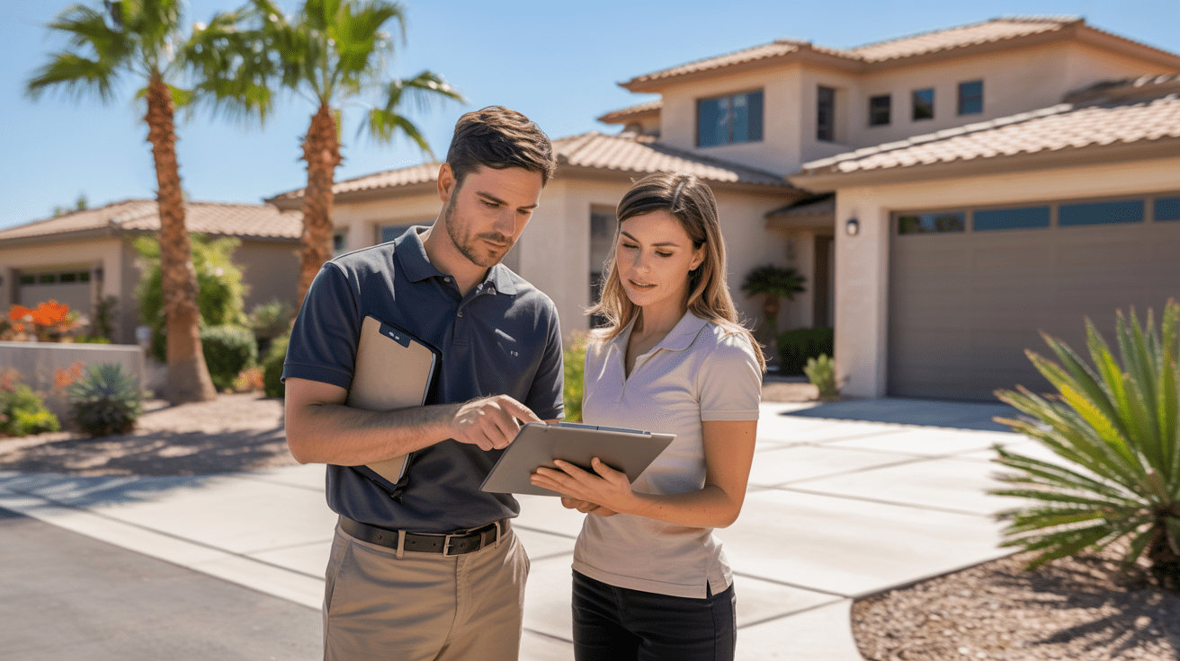 Mesa home inspector showing digital report to homeowner outside a desert-style house.