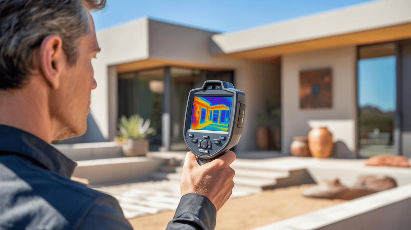 Gilbert home inspector using a thermal imaging camera to detect hidden moisture and insulation issues.