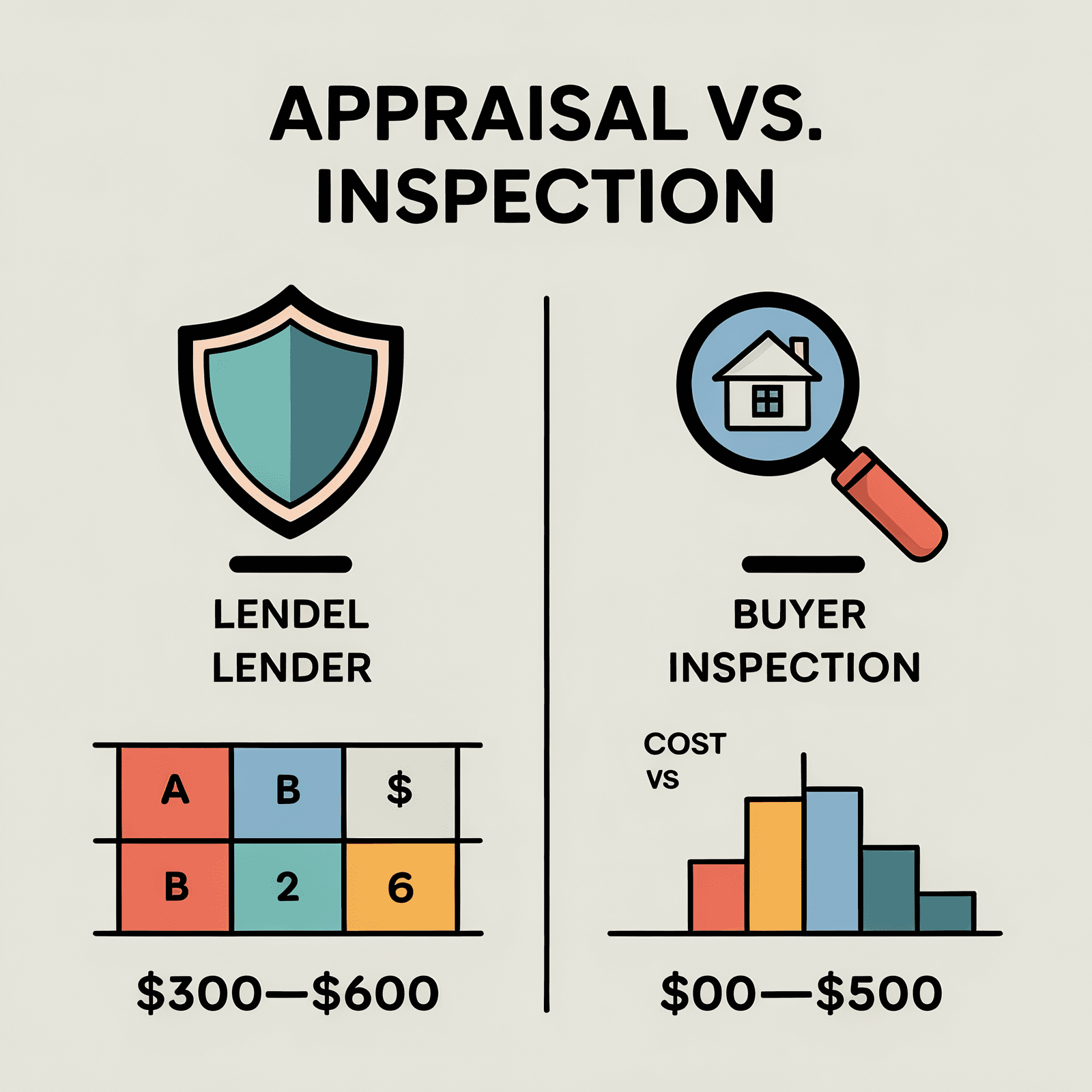 Appraisal vs inspection graphic showing cost ranges