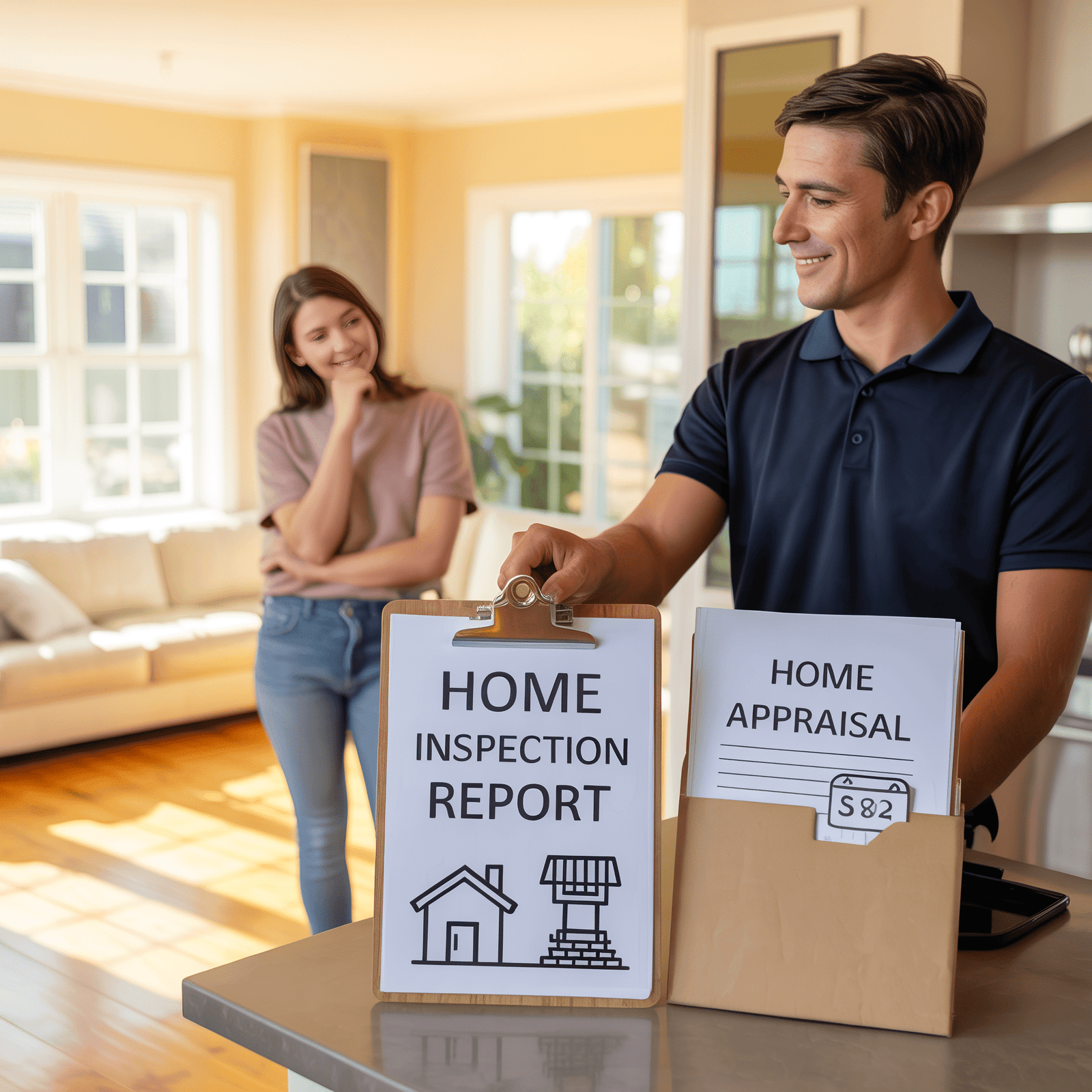 Homebuyer comparing a home inspection report and a home appraisal folder in a living room.