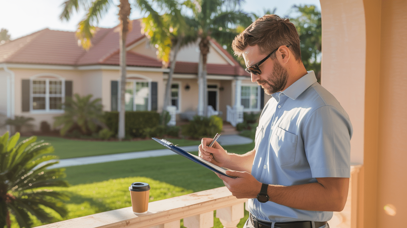 home inspection in Florida inspector reviewing house exterior with clipboard