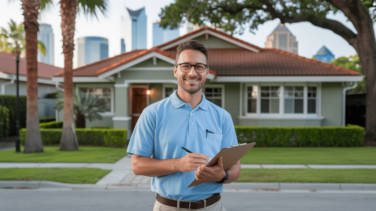 Home inspection in Tampa FL with inspector reviewing a house exterior in a sunny neighborhood