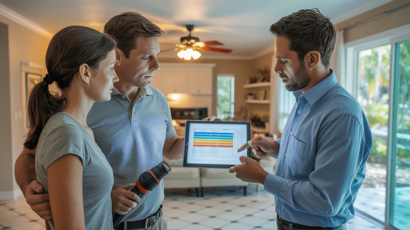 Tampa home inspector reviewing a color-coded home inspection summary with buyers on a tablet