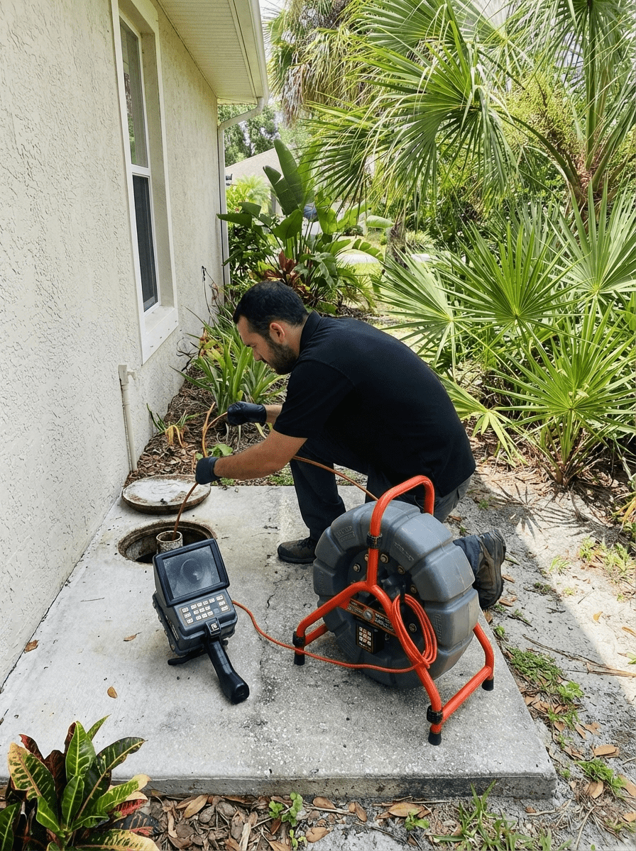 Sewer scope inspection camera near a cleanout in Tampa