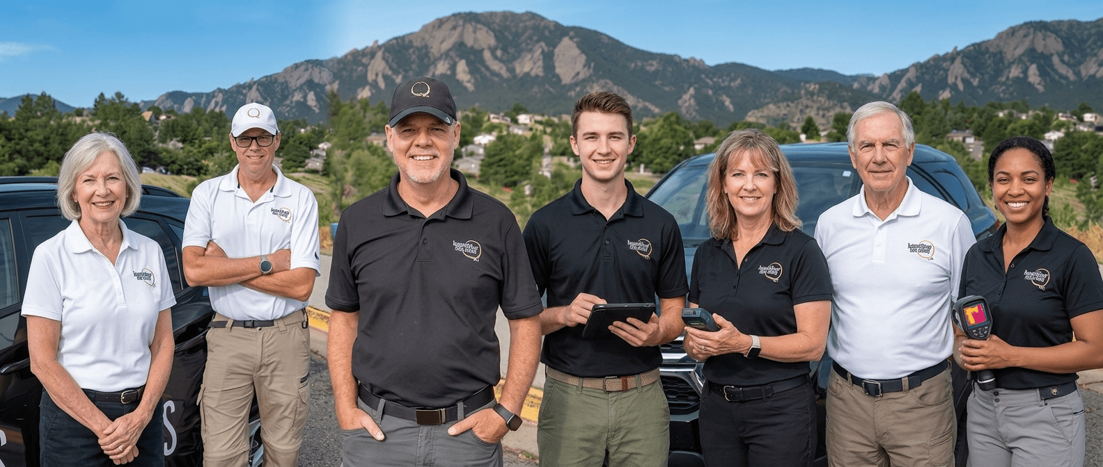 Seven people in polo shirts with company logos stand in a line in a parking lot, with mountains in the background and a black SUV behind them, smiling for a group photo.
